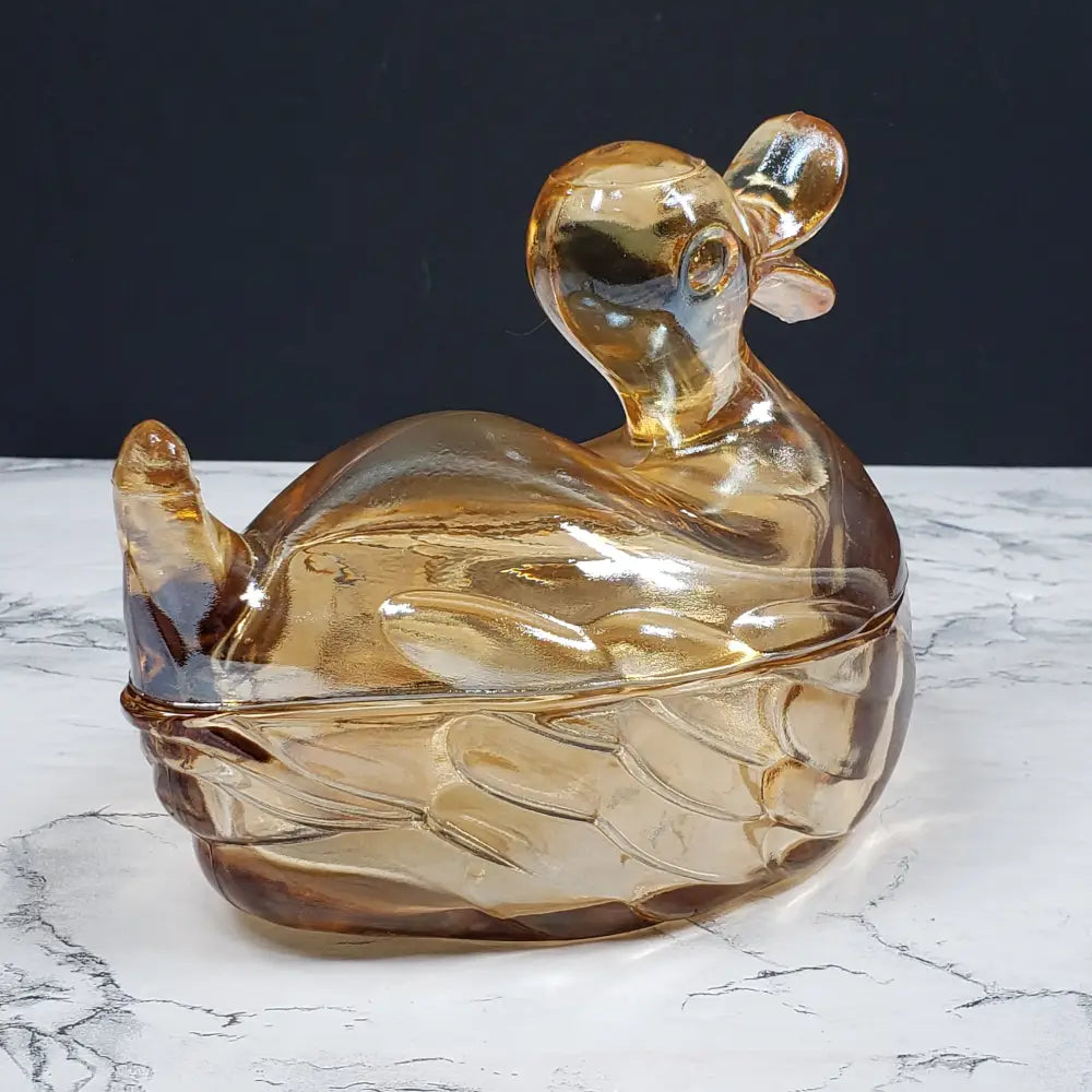 Jeanette Marigold Glass Lidded Duck Dish Vintage Decor