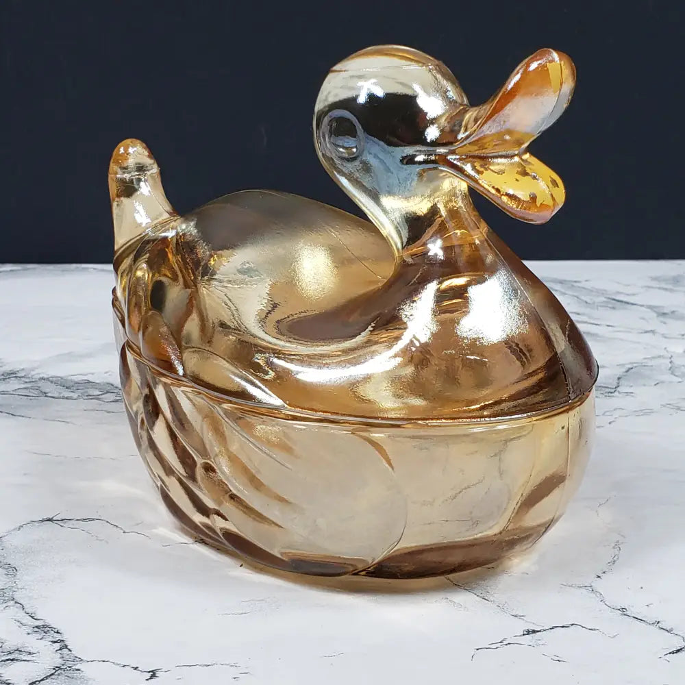 Jeanette Marigold Glass Lidded Duck Dish Vintage Decor
