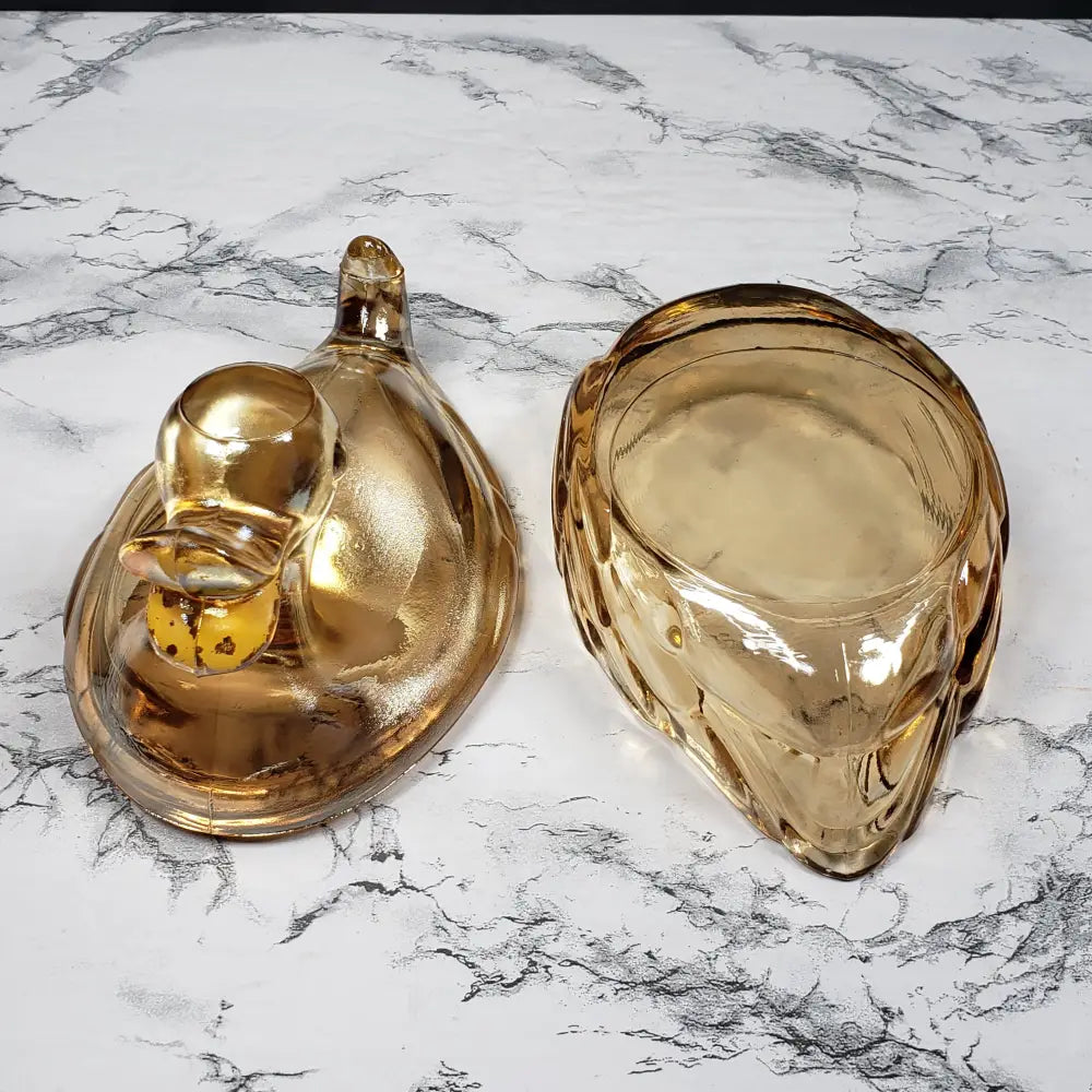 Jeanette Marigold Glass Lidded Duck Dish Vintage Decor