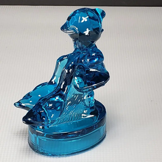 L.e. Smith Girl With Geese Blue Glass Figurine Vintage Mcm Decor