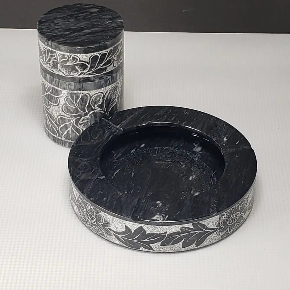 Marble Ashtray & Lidded Jar Engraved Vintage Decor