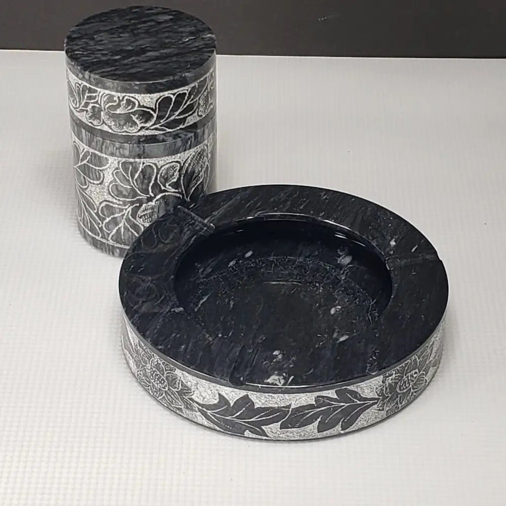 Marble Ashtray & Lidded Jar Engraved Vintage Decor