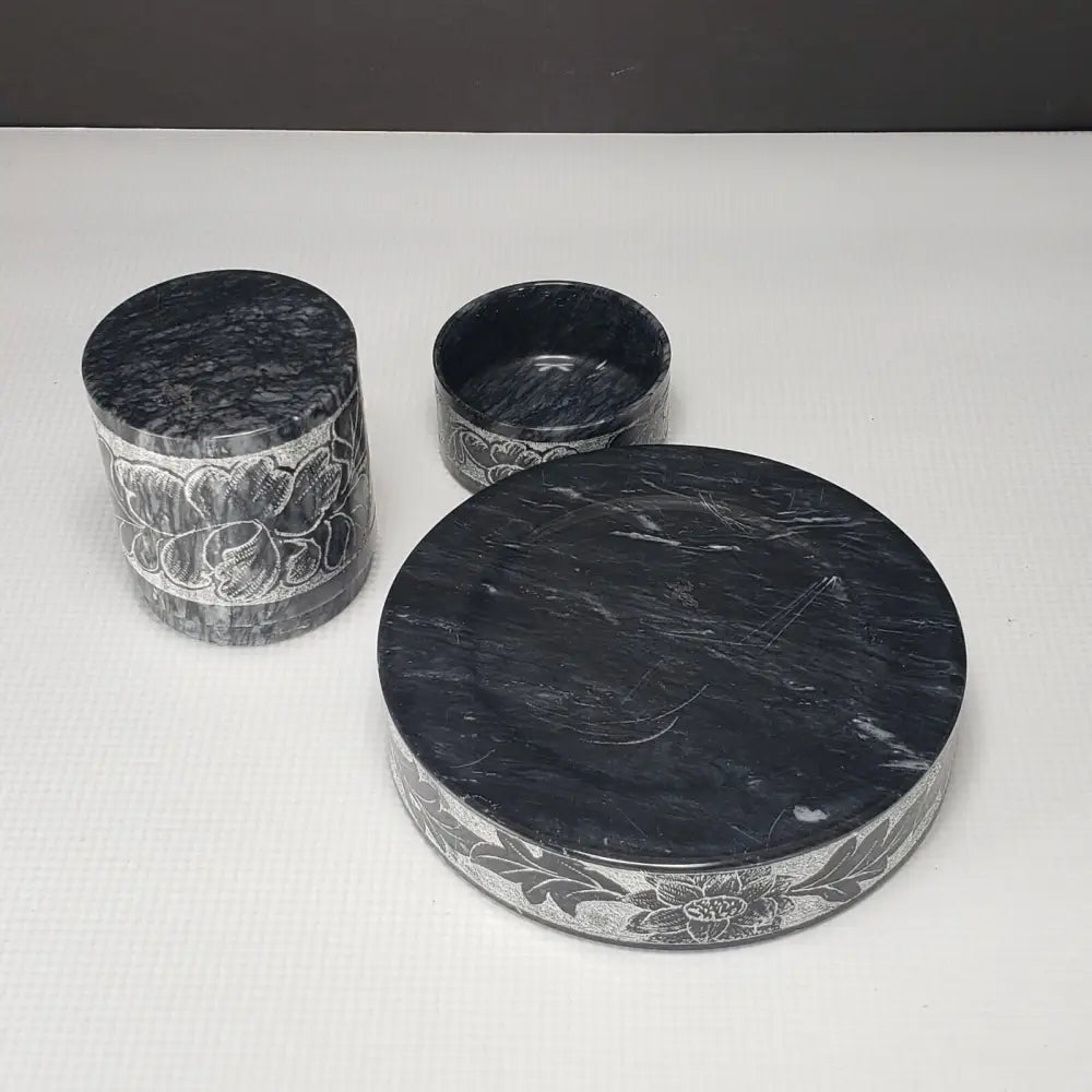 Marble Ashtray & Lidded Jar Engraved Vintage Decor