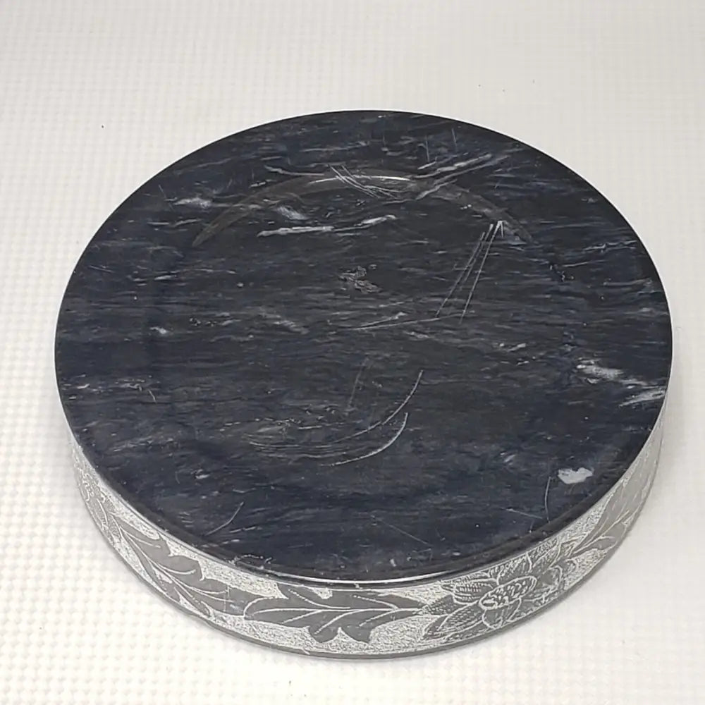 Marble Ashtray & Lidded Jar Engraved Vintage Decor