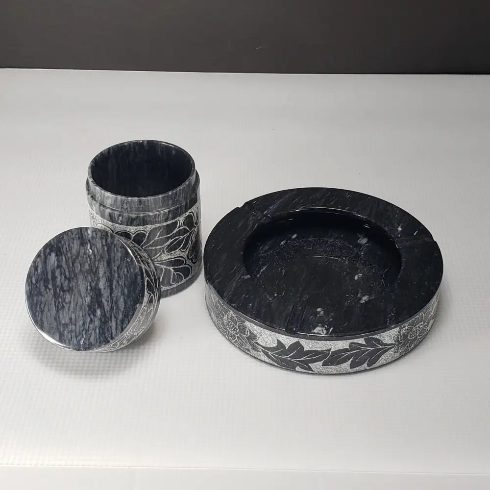 Marble Ashtray & Lidded Jar Engraved Vintage Decor