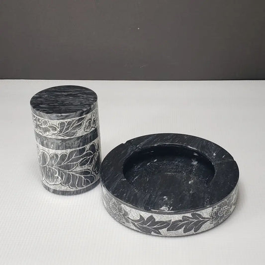 Marble Ashtray & Lidded Jar Engraved Vintage Decor