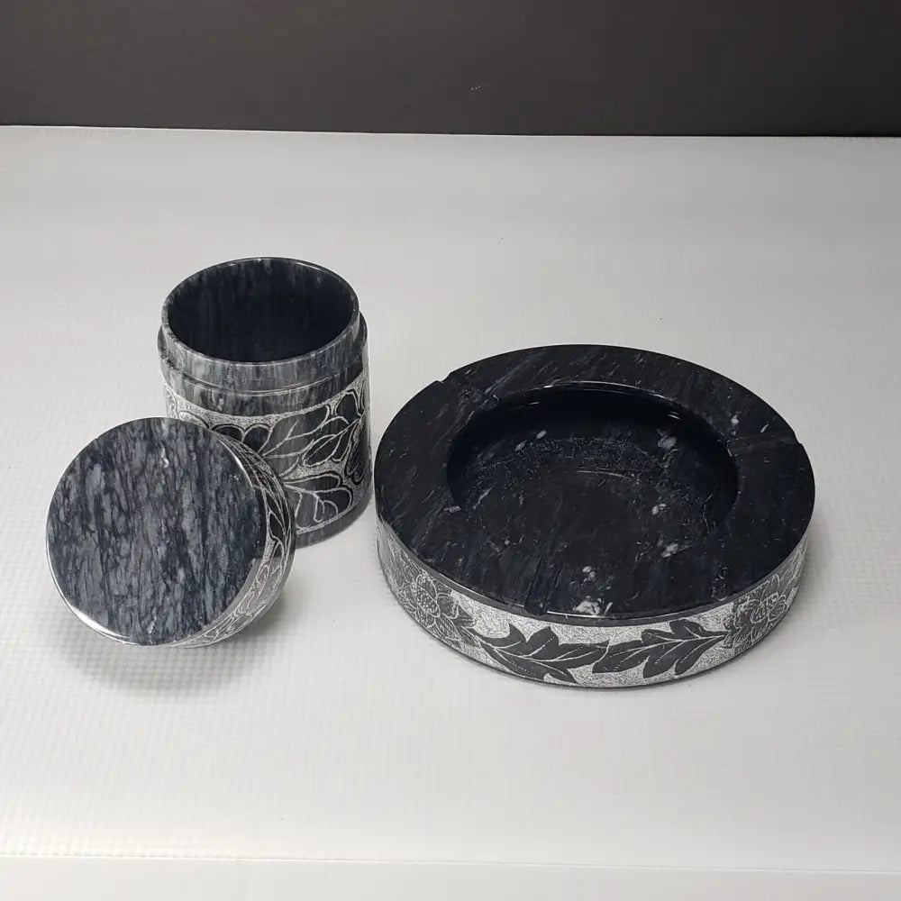 Marble Ashtray & Lidded Jar Engraved Vintage Decor