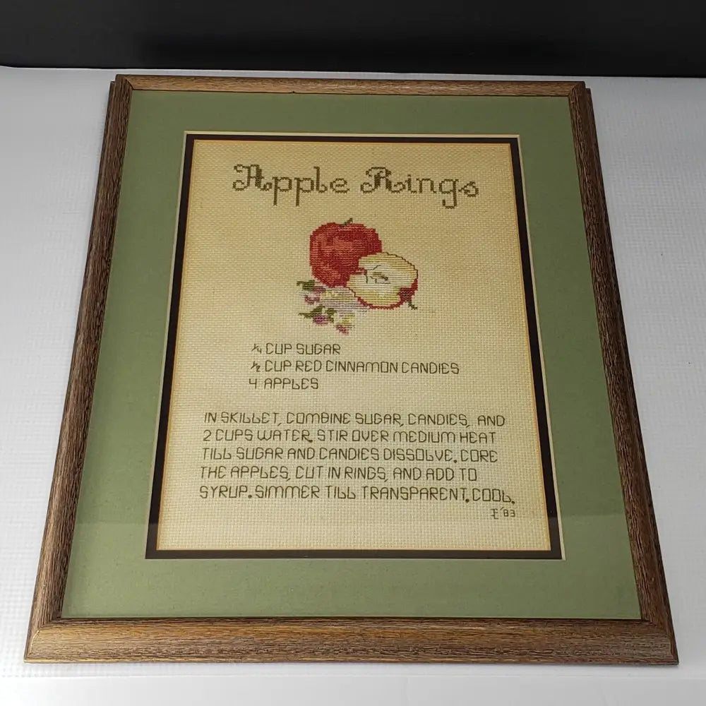 Needlepoint Recipe Apple Rings Framed Wall Art Vintage Decor