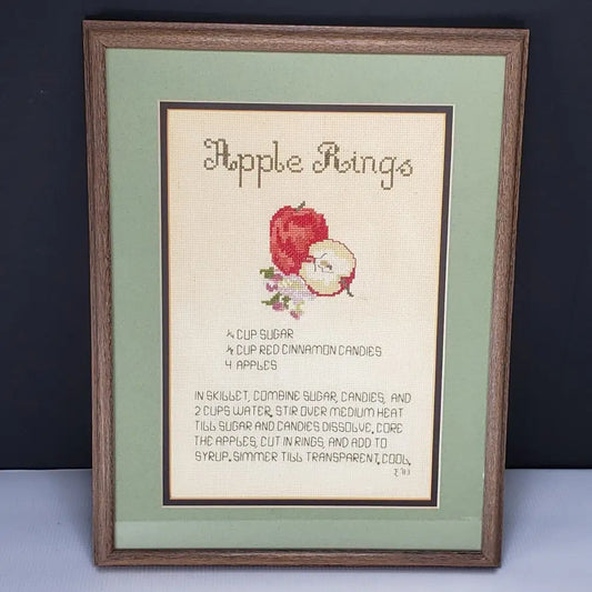 Needlepoint Recipe Apple Rings Framed Wall Art Vintage Decor