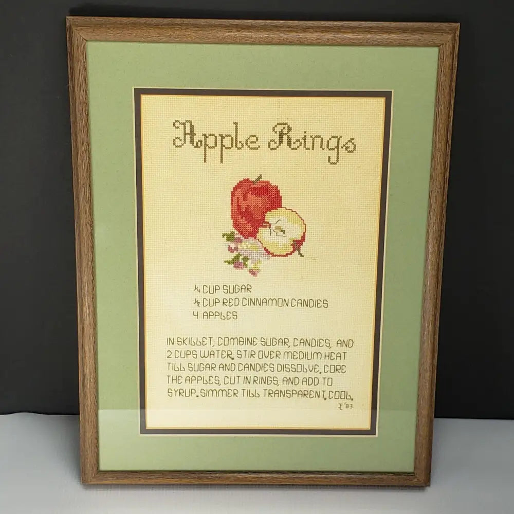 Needlepoint Recipe Apple Rings Framed Wall Art Vintage Decor