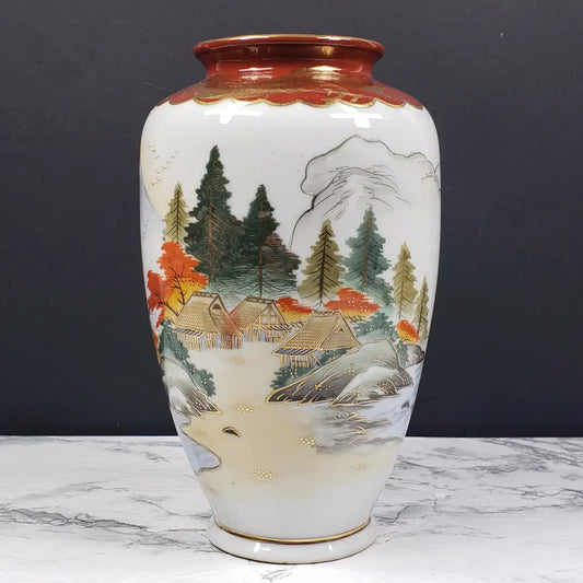 Occupied Japan Kutani Hand Painted Porcelain Vase Mt Fuji Village Dragon