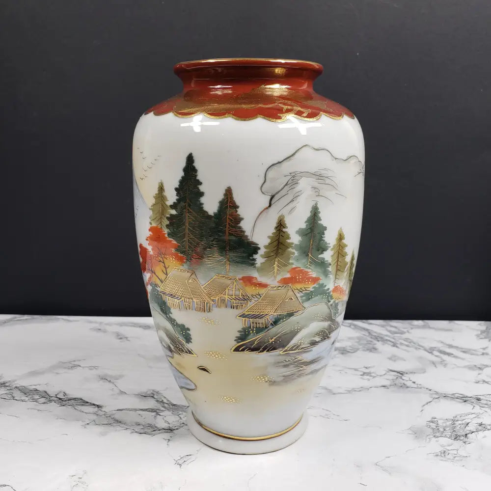 Occupied Japan Kutani Hand Painted Porcelain Vase Mt Fuji Village Dragon