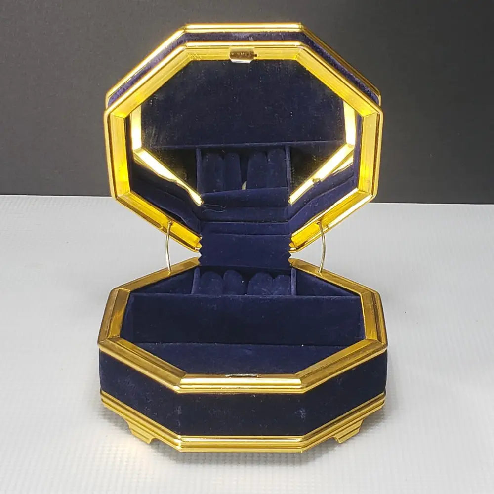 Octagon Jewelry Box Royal Blue Velvet & Brass (Vintage) Decor