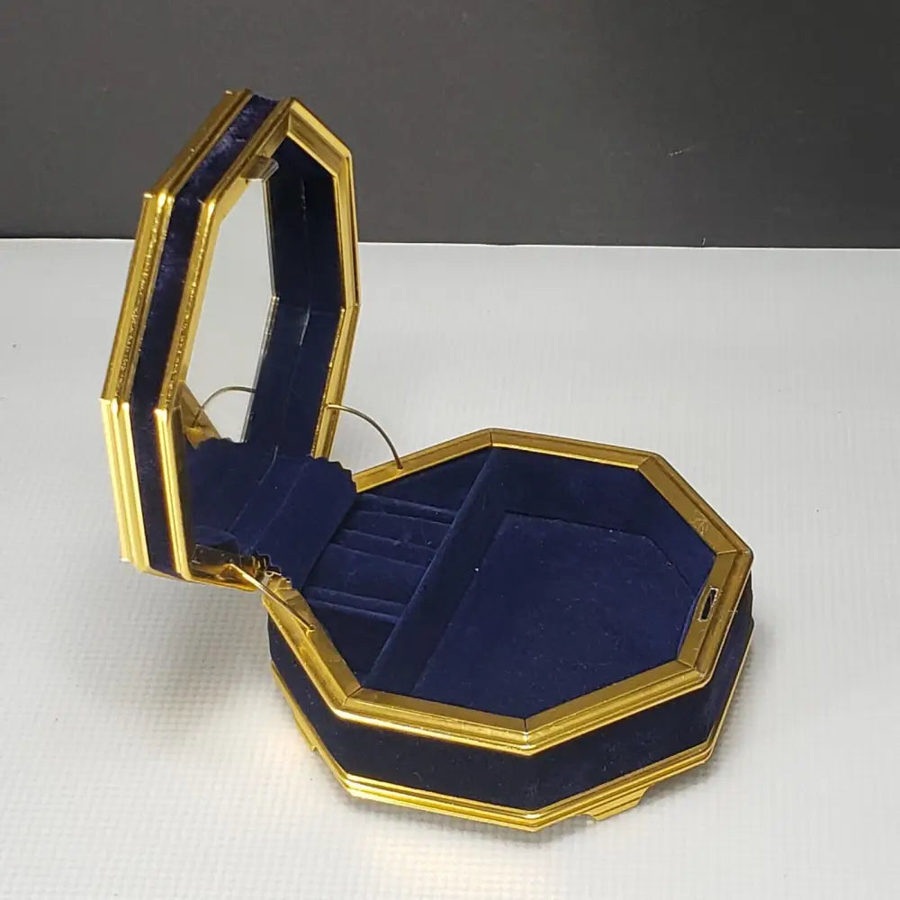 Octagon Jewelry Box Royal Blue Velvet & Brass (Vintage) Decor