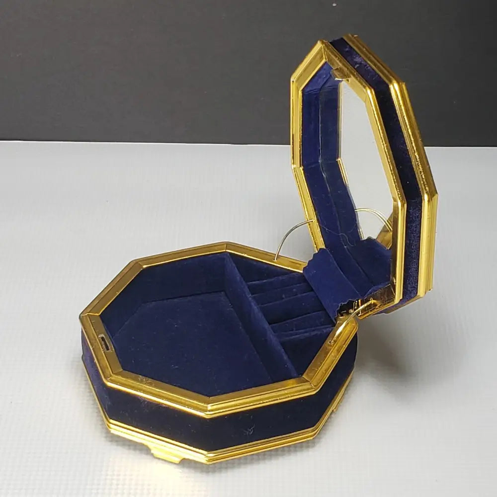 Octagon Jewelry Box Royal Blue Velvet & Brass (Vintage) Decor