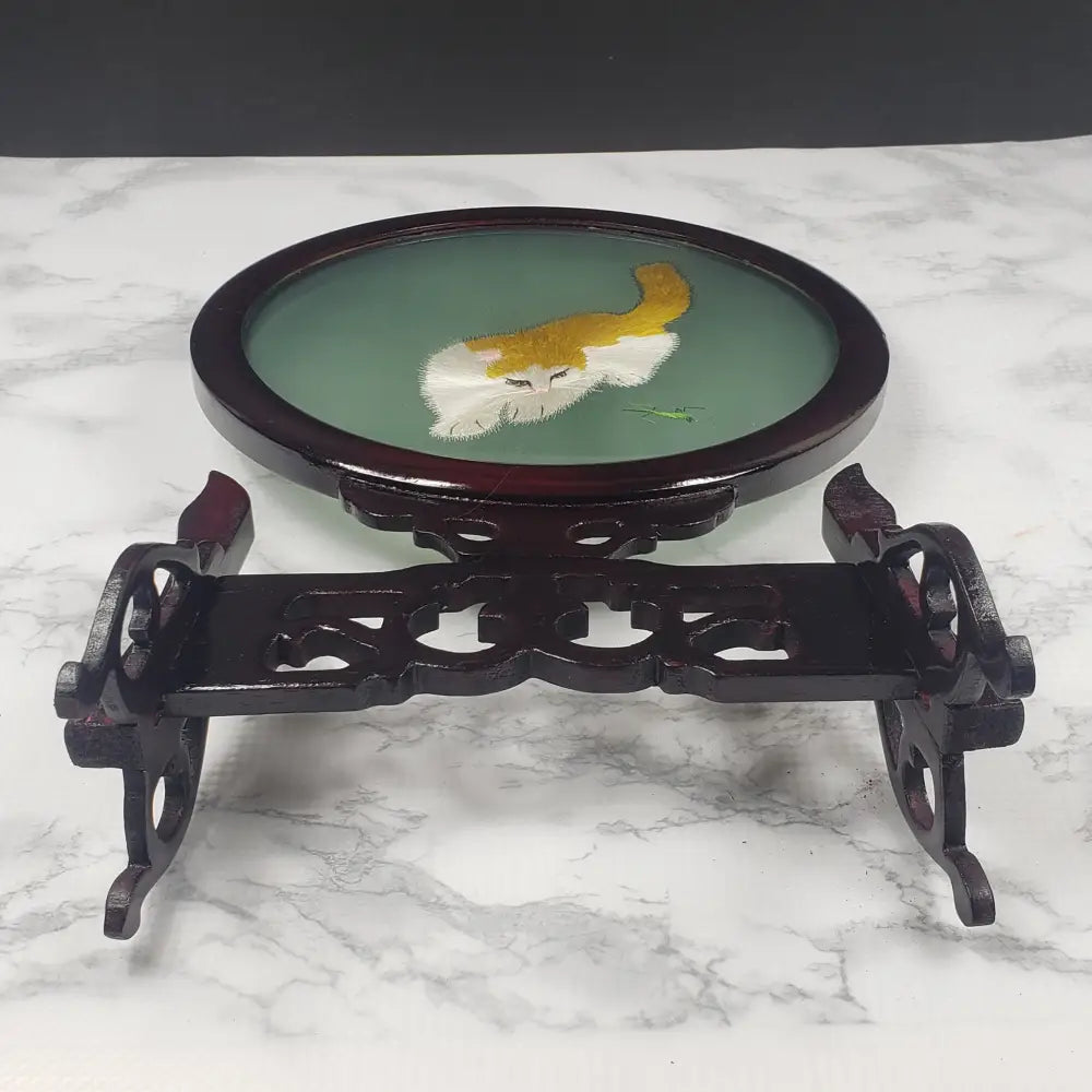 Oriental Embroidered Silk Cats Glass Wood Vintage Decor