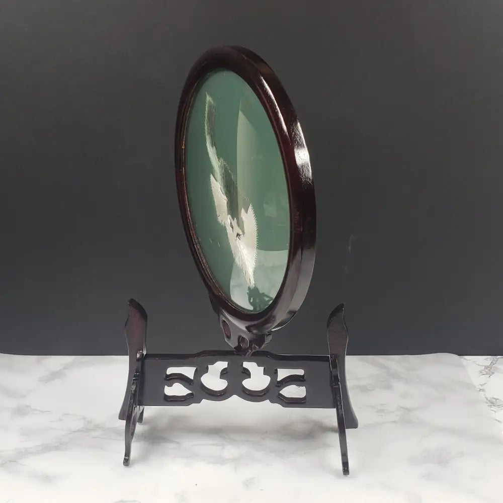 Oriental Embroidered Silk Cats Glass Wood Vintage Decor