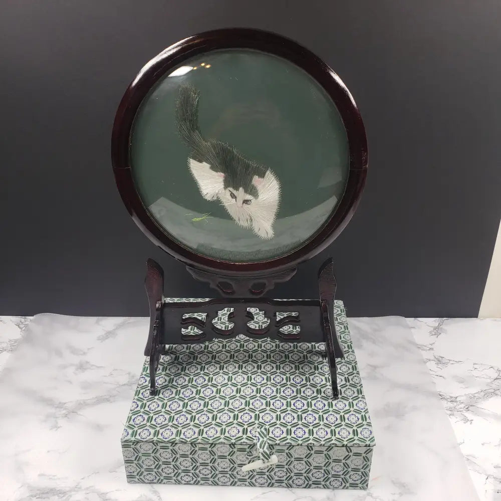 Oriental Embroidered Silk Cats Glass Wood Vintage Decor