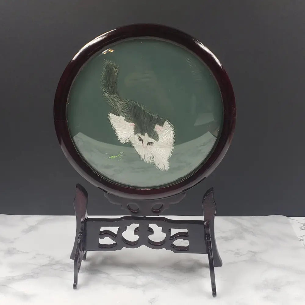 Oriental Embroidered Silk Cats Glass Wood Vintage Decor