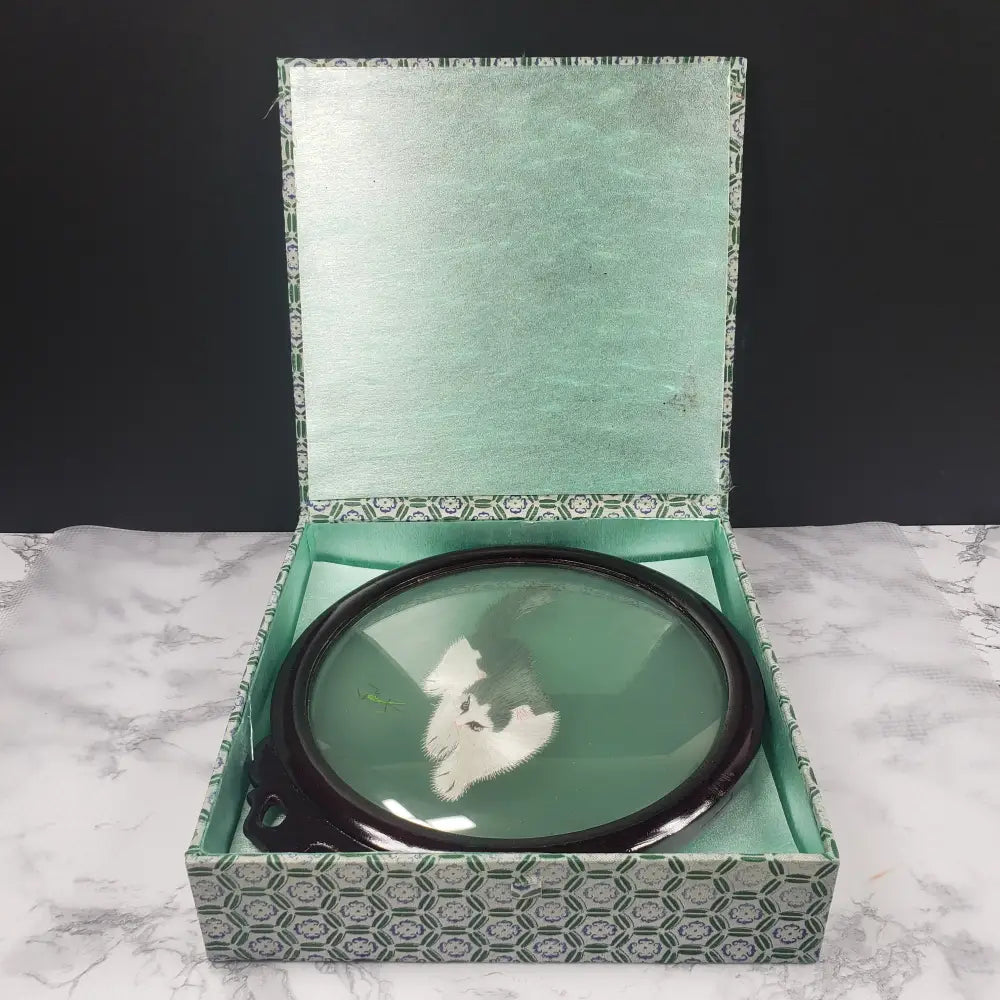 Oriental Embroidered Silk Cats Glass Wood Vintage Decor