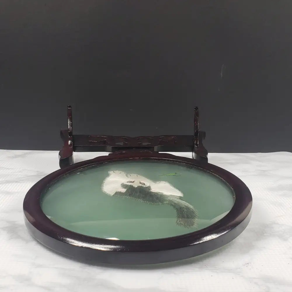 Oriental Embroidered Silk Cats Glass Wood Vintage Decor