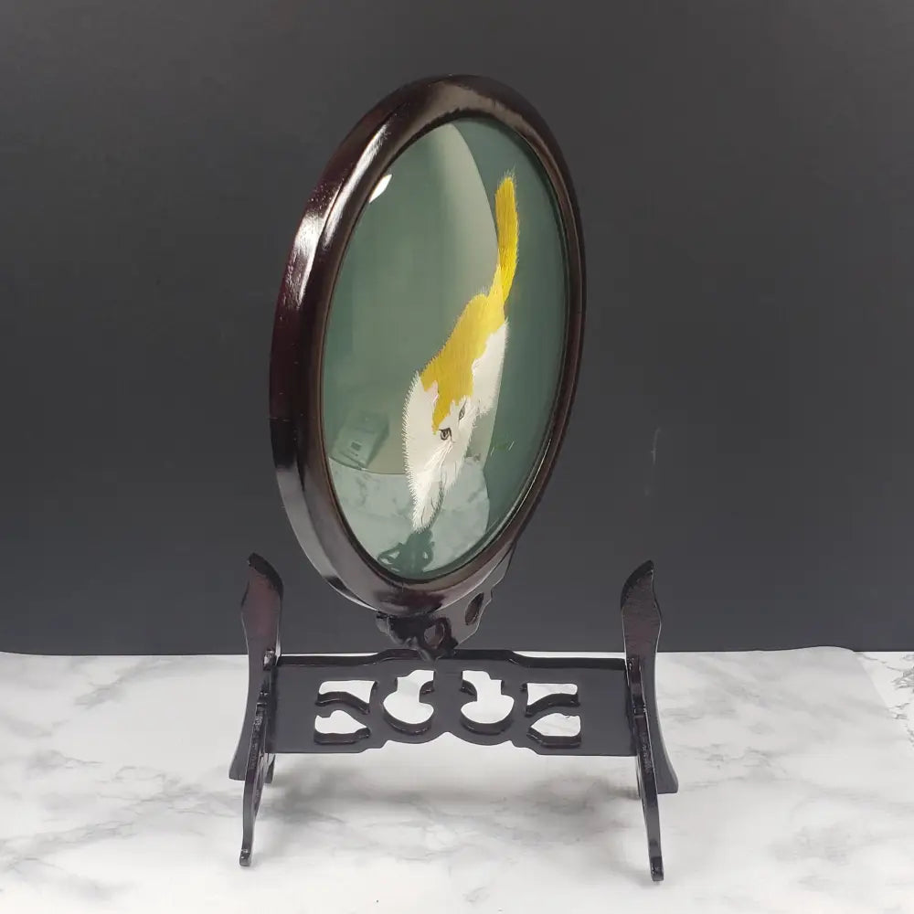 Oriental Embroidered Silk Cats Glass Wood Vintage Decor