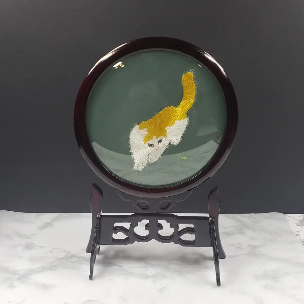Oriental Embroidered Silk Cats Glass Wood Vintage Decor