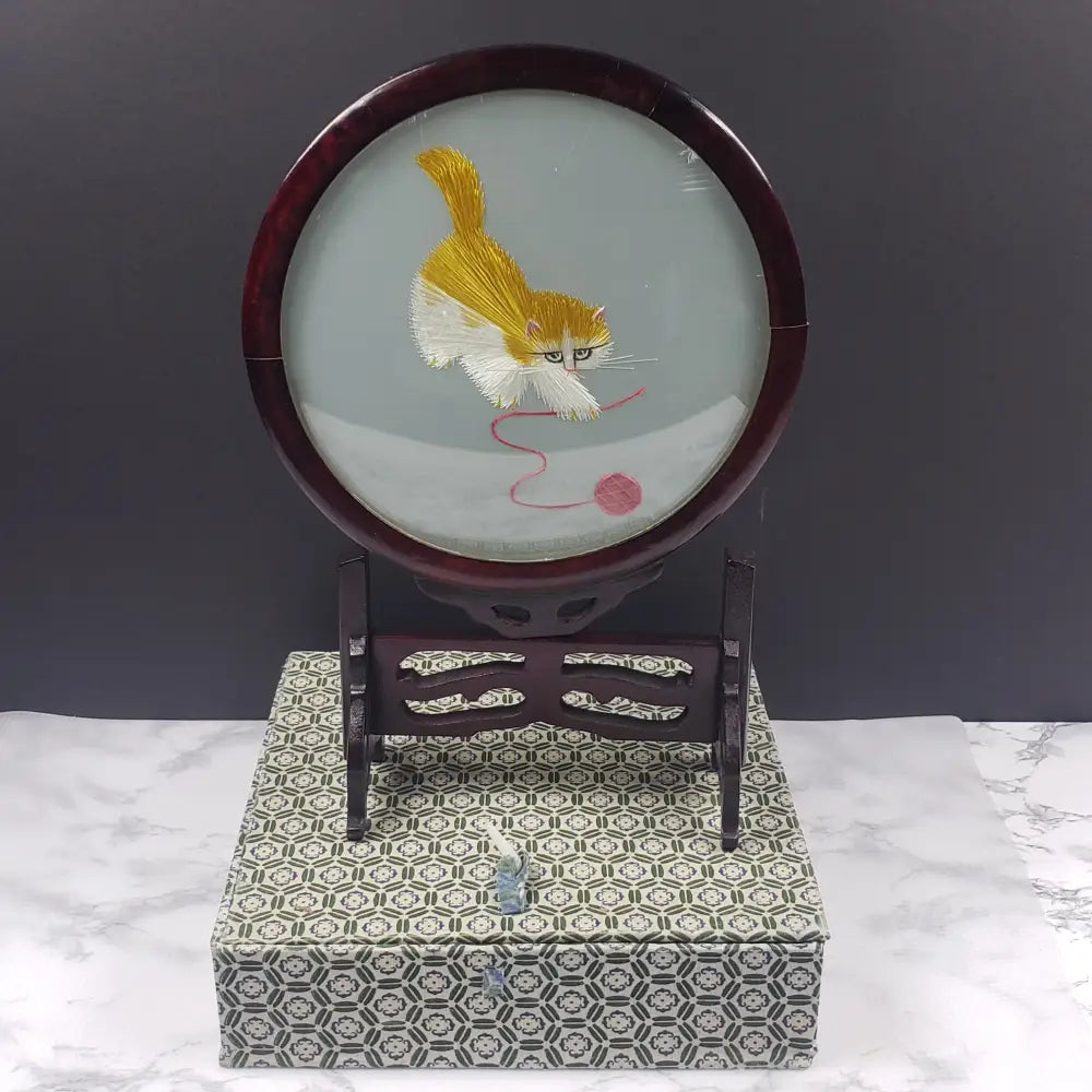 Oriental Silk Embroidered Cat Yarn Wood Glass Vintage Decor