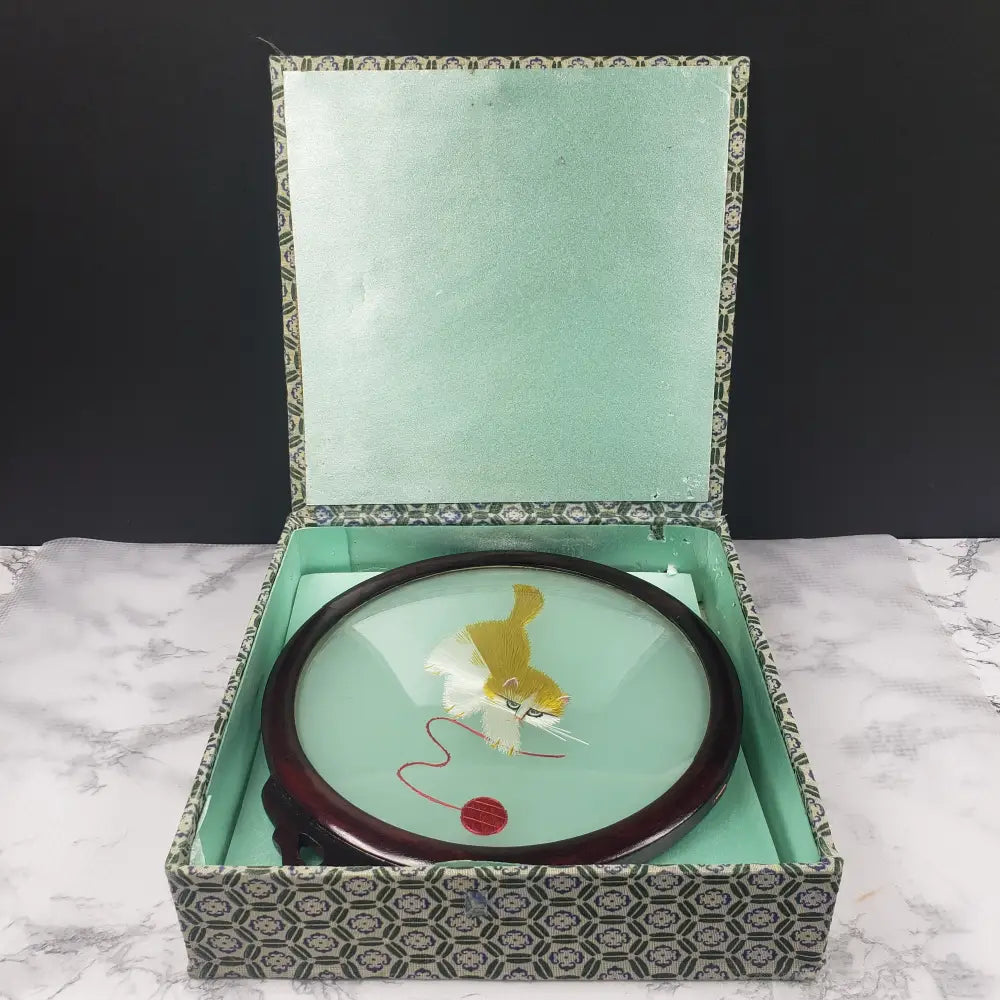 Oriental Silk Embroidered Cat Yarn Wood Glass Vintage Decor