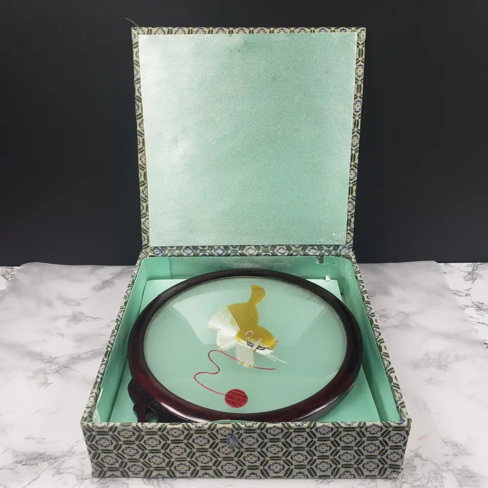 Oriental Silk Embroidered Cat Yarn Wood Glass Vintage Decor