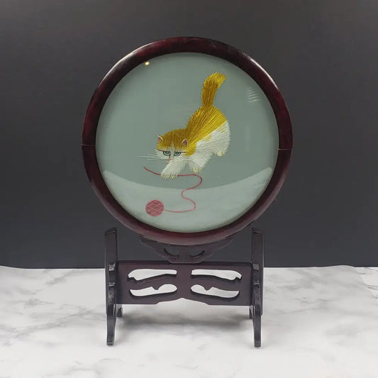 Oriental Silk Embroidered Cat Yarn Wood Glass Vintage Decor