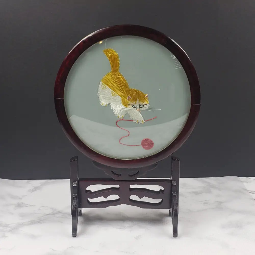 Oriental Silk Embroidered Cat Yarn Wood Glass Vintage Decor