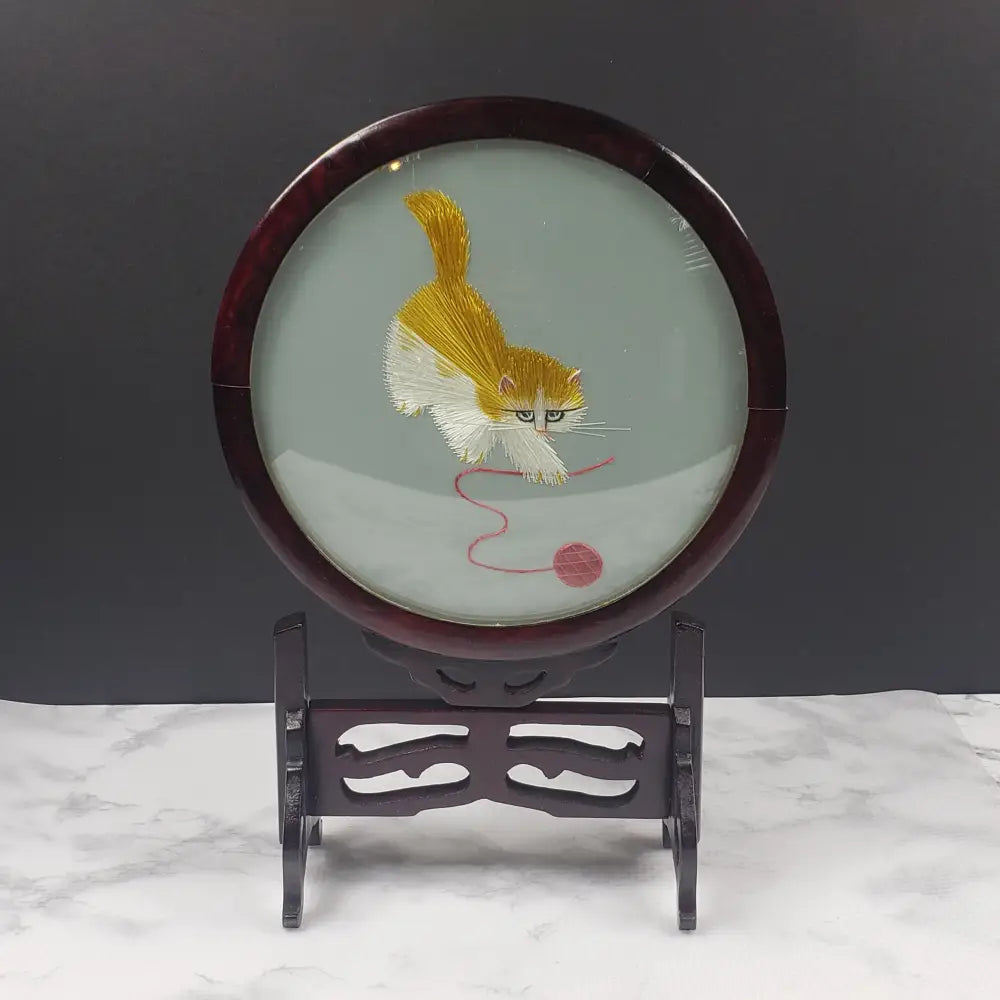 Oriental Silk Embroidered Cat Yarn Wood Glass Vintage Decor