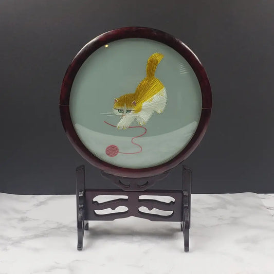 Oriental Silk Embroidered Cat Yarn Wood Glass Vintage Decor