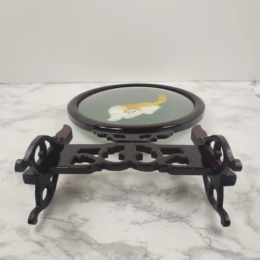 Oriental Silk Embroidered Cats Mantis Glass Wood Vintage Decor