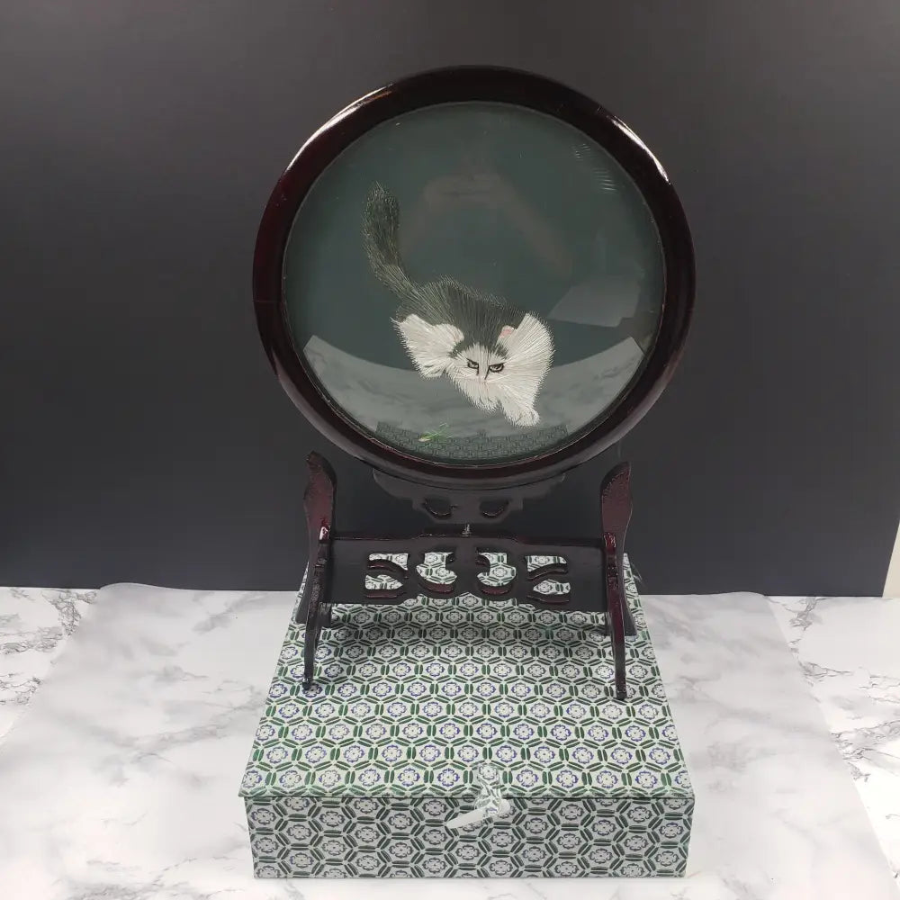 Oriental Silk Embroidered Cats Mantis Glass Wood Vintage Decor