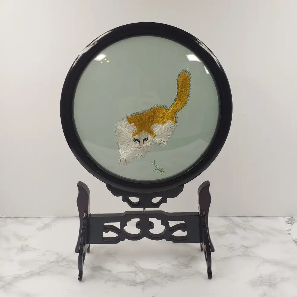 Oriental Silk Embroidered Cats Mantis Glass Wood Vintage Decor