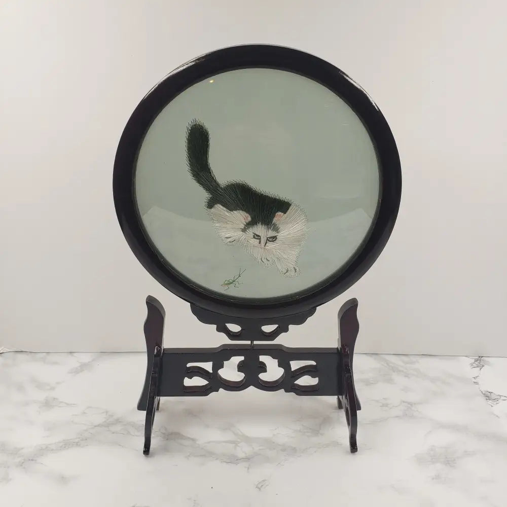 Oriental Silk Embroidered Cats Mantis Glass Wood Vintage Decor