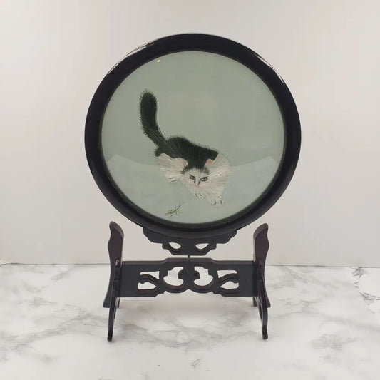 Oriental Silk Embroidered Cats Mantis Glass Wood Vintage Decor