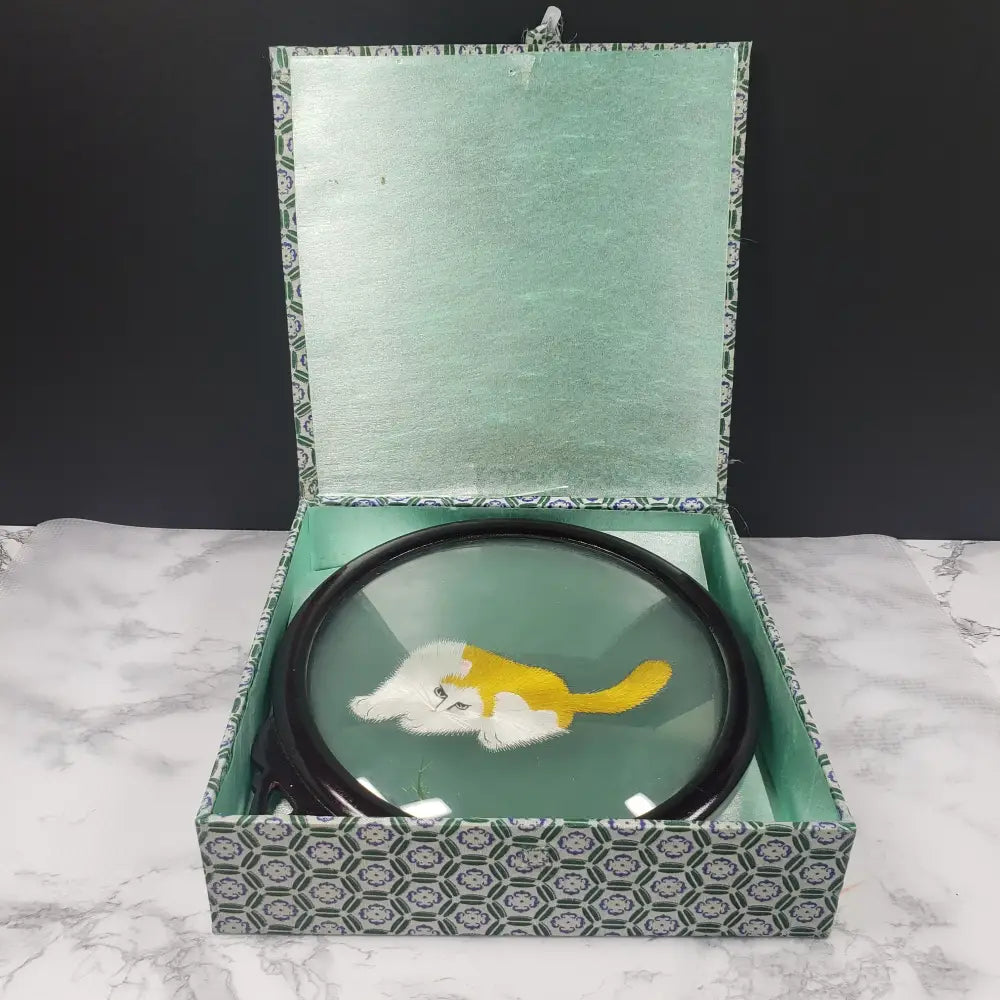 Oriental Silk Embroidered Cats Mantis Glass Wood Vintage Decor
