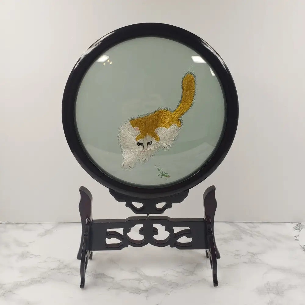 Oriental Silk Embroidered Cats Mantis Glass Wood Vintage Decor