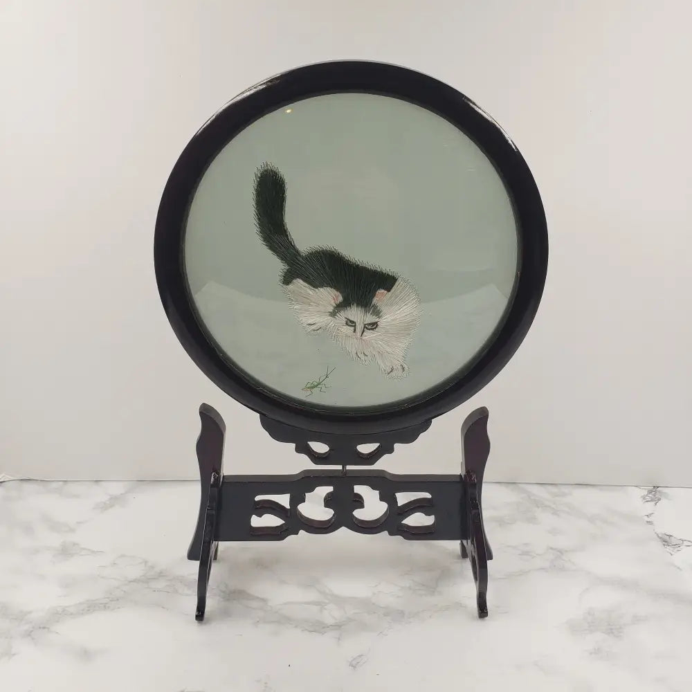 Oriental Silk Embroidered Cats Mantis Glass Wood Vintage Decor