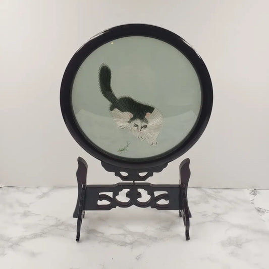 Oriental Silk Embroidered Cats Mantis Glass Wood Vintage Decor