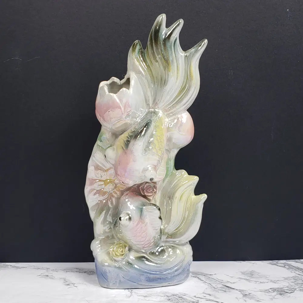 Pearlescent Porcelain Koi Vase Vintage Decor