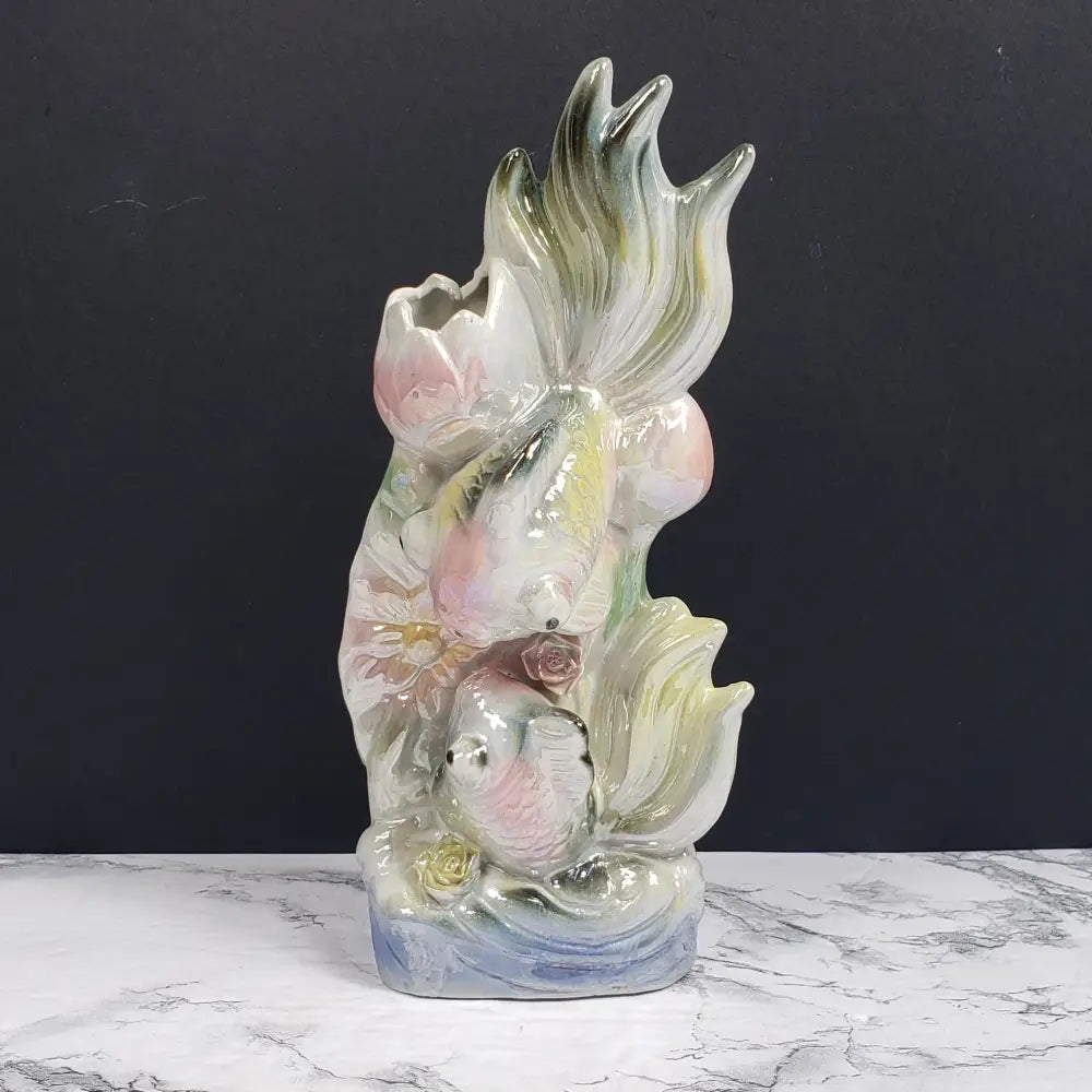 Pearlescent Porcelain Koi Vase Vintage Decor