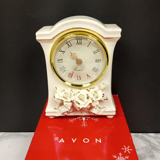 Avon Porcelain Winter Rose Mantle Desk Clock ( Nib 2005 ) Decor