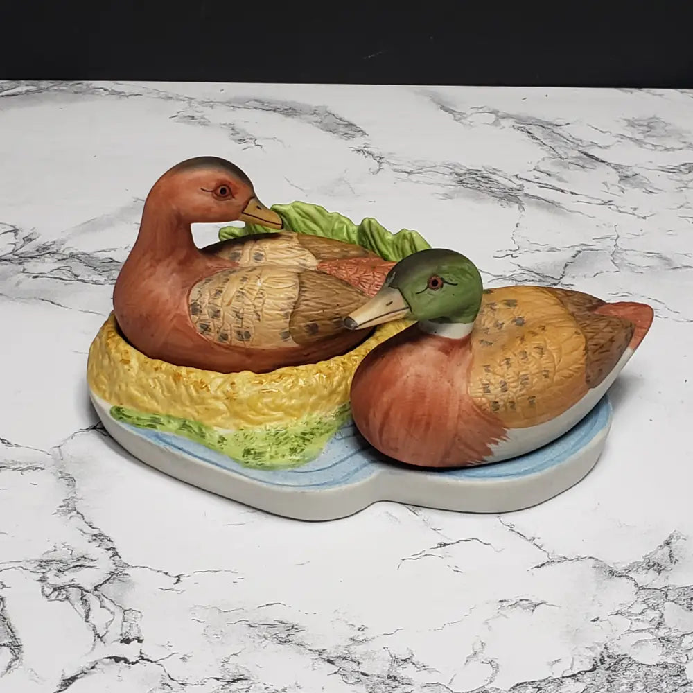 Porcelain Ducks Salt & Pepper Set With Stand ( Vintage )
