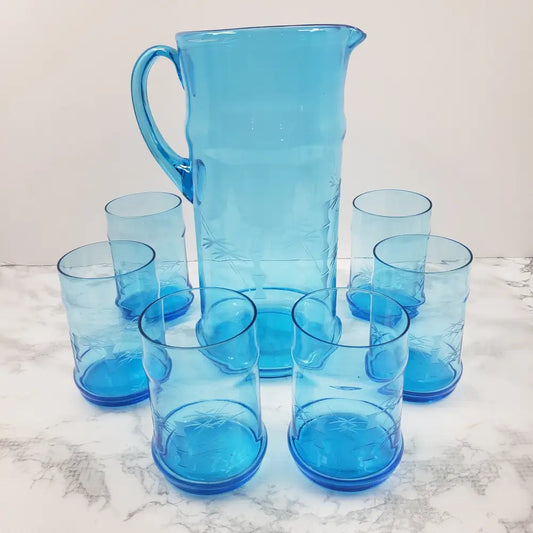 Rare Blown Hand Cut Glass Pitcher Set West Virginia Decor