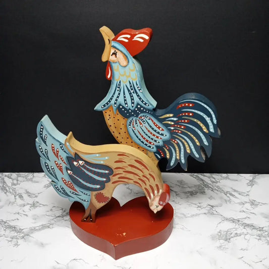 Hand Painted Rooster & Hen Solid Wood ( Vintage ) Decor