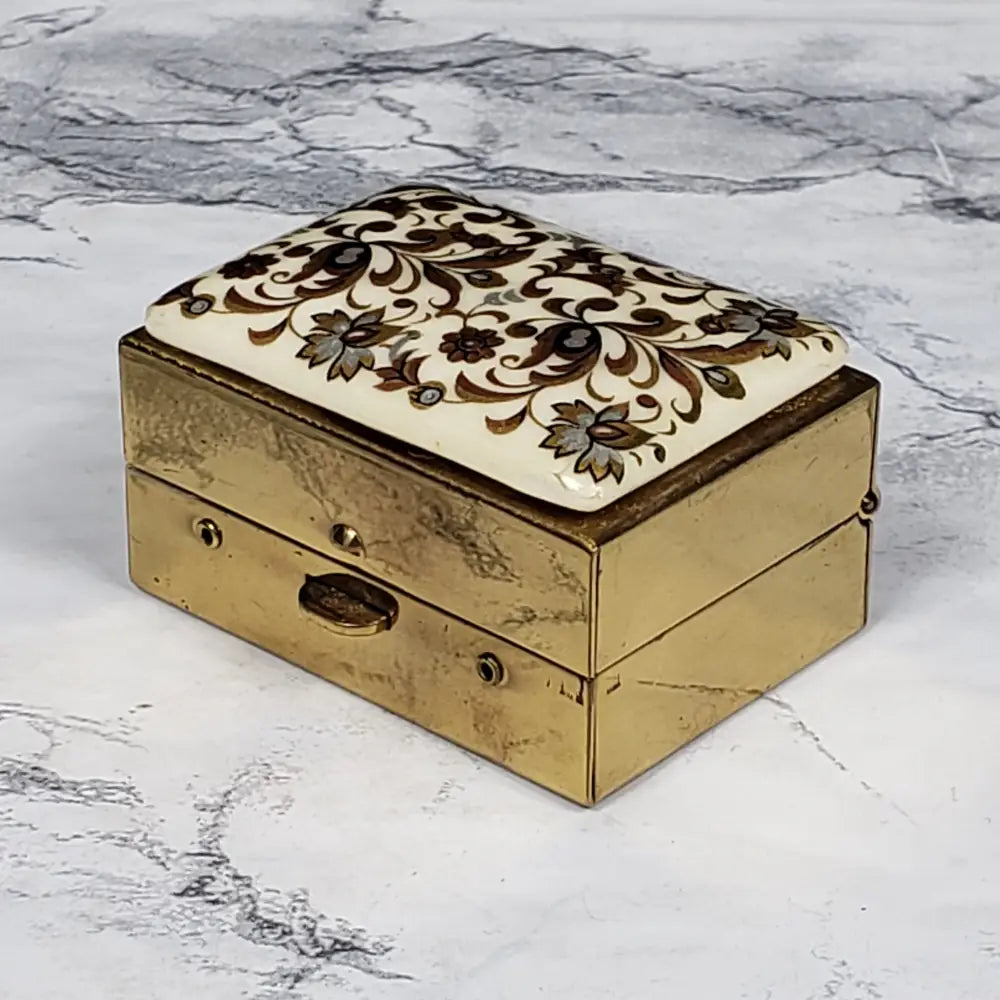 Brass Porcelain Travel Purse Sewing Box Vintage